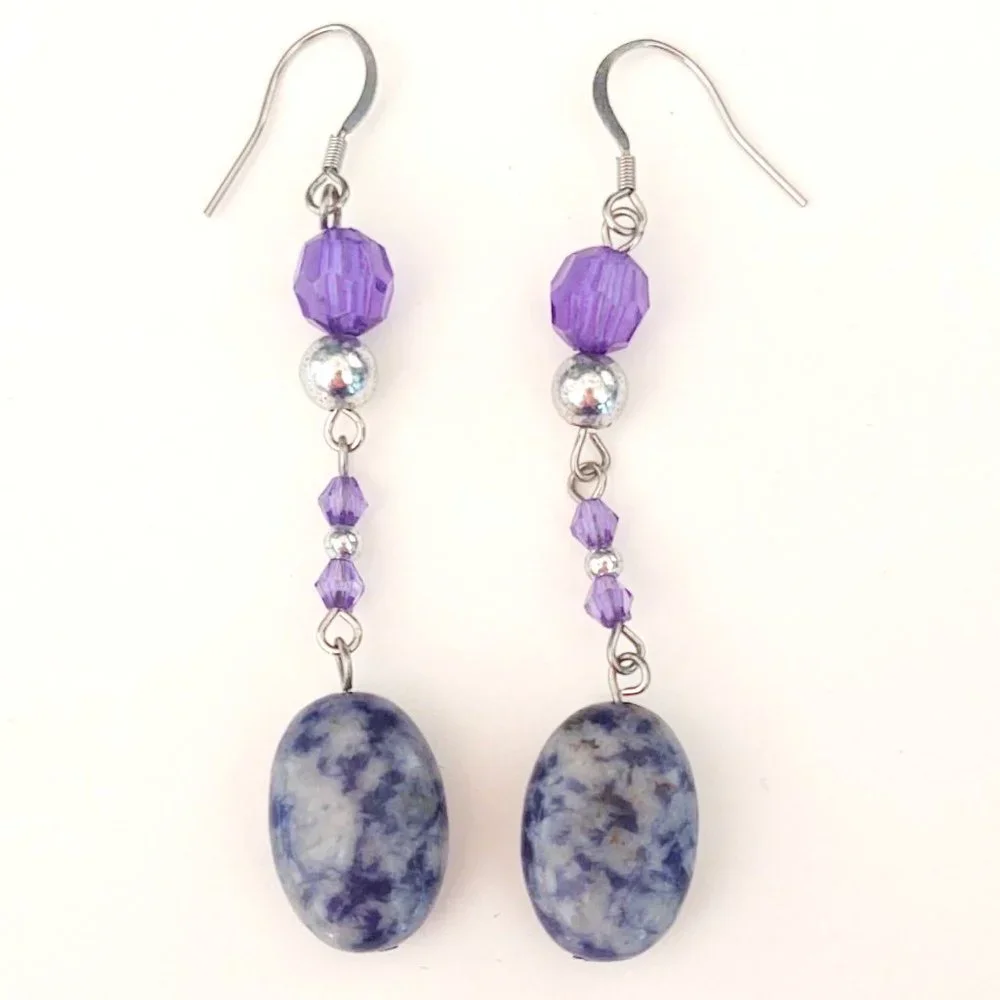 Blue mottled stone, bead & silver dangle earrings